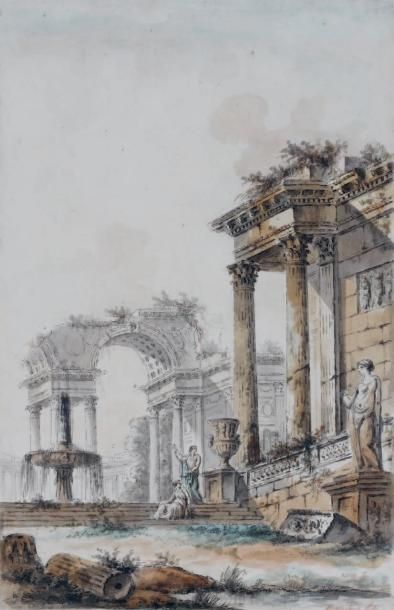 Juste Nathan BOUCHER (1736-1782) Vestiges antiques avec une statue et une fontaine...