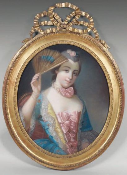 ÉCOLE FRANÇAISE du XIXe siècle, d'après Rotari Portrait de femme à l'éventail Pastel....