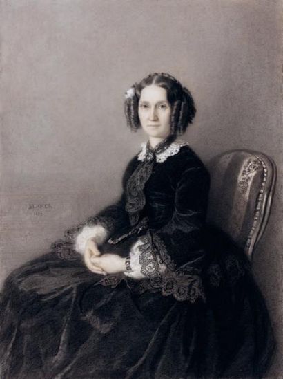 H erman BEHMER (1831-après 1876) Portrait de femme assise Fusain, estampe, rehauts...