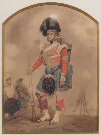 Eugène LAMI (1800-1890) Soldat du 79e highlanders au camp de Cobham Aquarelle, signée...
