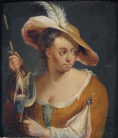 ÉCOLE HOLLANDAISE du XVIIIe siècle Jeune femme tenant une perdrix Huile sur panneau...