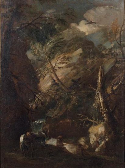 ÉCOLE ITALIENNE du XVIIIe siècle Deux personnages auprès d'un torrent dans un paysage...