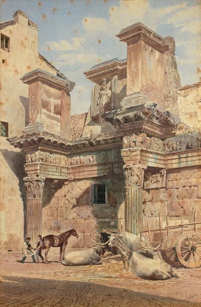 Giuseppe Costantini (1844-1894) Troupeau devant les ruines du temple de Minerve au...