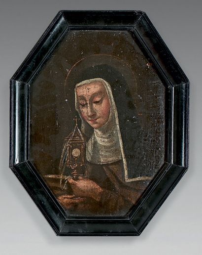 ECOLE DU XVIIe SIÈCLE Saint François d'Assise avec une fleur de lys et un coeur
Sainte...