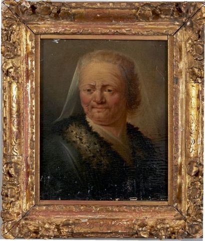 Balthazar DENNER (1685-1749) Portrait de femme âgée en buste
Huile sur panneau.
(Petits...