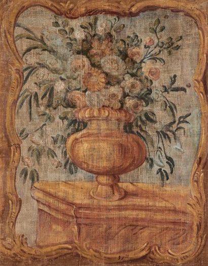 null Fleurs dans une urne sur un entablement
Toile peinte.
XVIIIe siècle.
95 x 121...