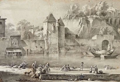 Jean-Jacques de BOISSIEU (1736-1810) Vue des environs de Lyon
Dessin au lavis, signé...