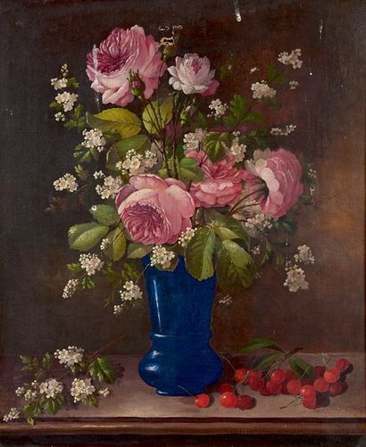 École Française du XIXe siècle Bouquet de fleurs dans un vase et fruits sur un entablement
Huile...