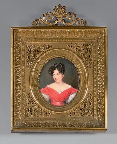 Étienne BOUCHARDY (1797-1849) Portrait de femme à la robe rouge, 1828
Miniature ovale...
