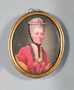 ECOLE SUISSE DU XVIIIe SIÈCLE Portrait de A. L. Nau en robe rouge et coiffe de dentelles
Miniature...