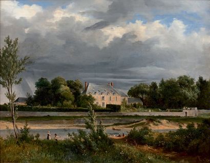 Charles RENOUX (1795-1846) Vue d'une propriété près d'une rivière
Huile sur toile.
40...