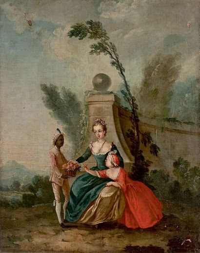 École FRANÇAISE du XVIIIe siècle Jeune femme, son enfant et un serviteur noir
Huile...