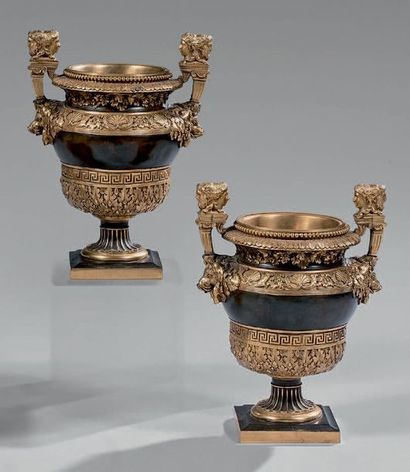 null Paire de vases Médicis en métal patiné et métal doré à deux anses. Riche décor...