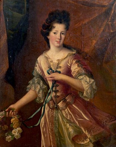 École Française du XVIIe siècle Portrait de femme tenant une couronne de fleurs
Huile...