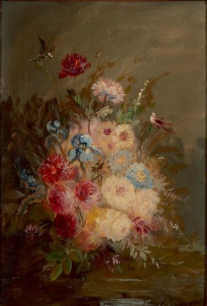 École Française du XIXe siècle Bouquet de fleurs dans un vase
Deux huiles sur panneau,...