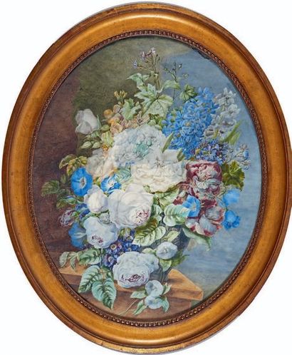 École FRANÇAISE de la fin du XIXe siècle Bouquet de fleurs dans un vase posé sur...