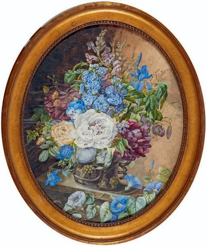 École FRANÇAISE de la fin du XIXe siècle Bouquet de fleurs dans un vase posé sur...