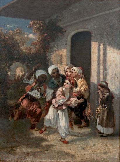 Narcisse Virgile DIAZ de LA PENA (1807-1876) Enfants turcs, sortie de l'école
Huile...