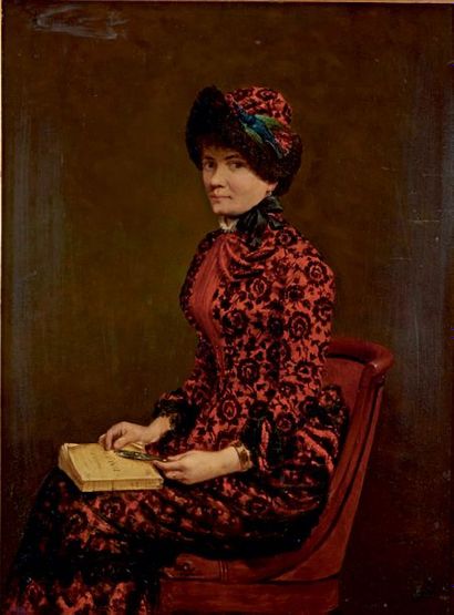 Antoine Auguste THIVET (1856-1927) Portrait de Jeanne Rozerot tenant «Thérèse Raquin»...