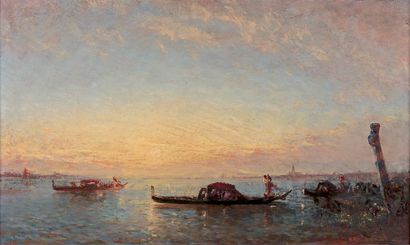 Félix ZIEM (1821-1911) Gondoles sur la lagune au coucher du soleil
Huile sur carton,...