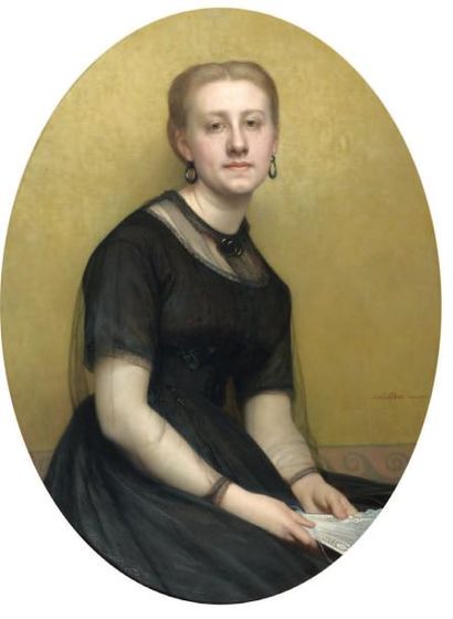 Jules LEFEBVRE (1836-1911) Portrait de la femme de l'artiste à l'éventail, 1868 Huile...