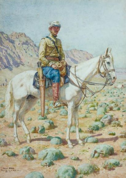 Gabriel DENEUX (né en 1856) Cavalier au Maroc, 1907 Aquarelle signée, située "Camp...