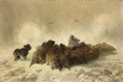 August Friedrich SCHENCK (1828-1901) Le troupeau de moutons dans la tempête Huile...