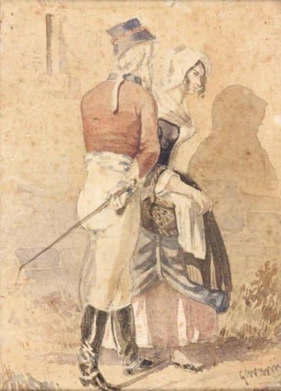 Paul GAVARNI (1804-1866) Cavalier entreprenant Aquarelle signée en bas à droite....