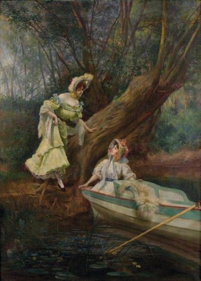 Luc BARBUT-DAVRAY (né en 1863) Le départ pour la promenade en barque Huile sur toile,...