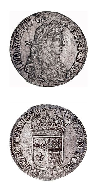 null LOUIS XIV (1643-1715)
Écu de Béarn au buste juvénile. 1669. Pau.
D. 1490. Très...
