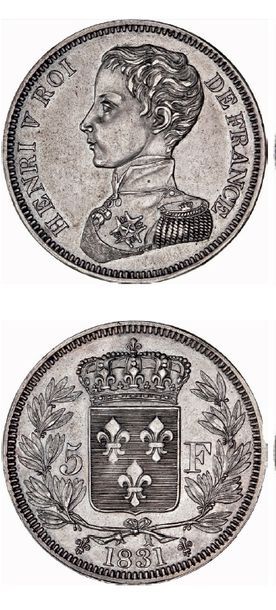 null HENRI V, prétendant (1820-1883) 5 francs. 1831. Argent.
G. 651. Superbe.
