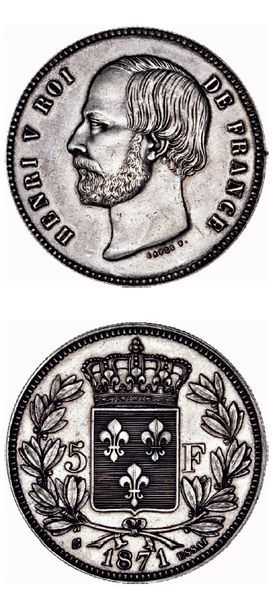 null HENRI V, prétendant (1820-1883) 5 francs. 1871. Essai en argent.
G. 653. Su...