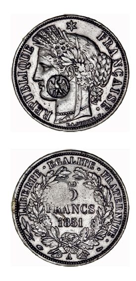 null DEUXIÈME RÉPUBLIQUE (1848-1852) 5 francs type Cérès. 1851. Paris.
Contremarque:...
