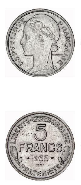 null TROISIÈME RÉPUBLIQUE (1871-1940) 5 francs. Essai Morlon. 1933. Nickel.
10 centimes...