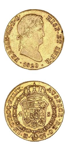 null Ferdinand VII (1808-1833) 4 escudos. 1820. Madrid.
Fr. 312. TB à TTB.