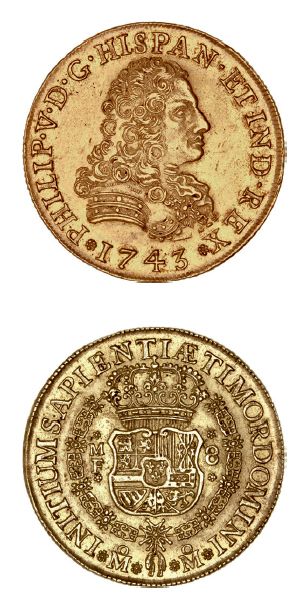 null Philippe V (1700-1746) 8 escudos or. 1743. Mexico.
Fr. 8. TTB à superbe.