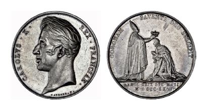 null Lot de 2 médailles Charles X: Le Sacre 1825. Argent 42 mm et bronze 68 mm (refrappe).
Joint...