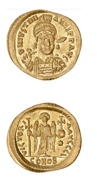 null JUSTINIEN Ier (527-565)
Solidus. Constantinople off. 10. 4,50 g.
Son buste de...