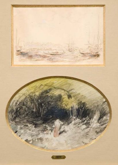 Félix ZIEM (Beaune 1821 - Paris 1911) Vue de gondoles sur la lagune Plume et encre...