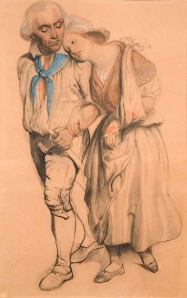 Paul DELAROCHE (Paris 1797 - 1856) Une fille blessée soutenue par son père, étude...