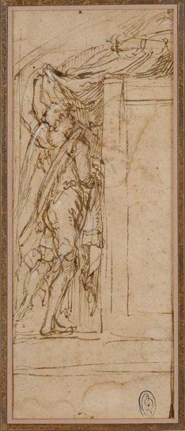 Attribué à Carlo URBINO (1525 - après 1585) Ange soulevant une draperie Plume et...