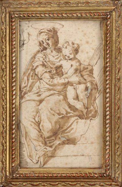Attribué à Marco MARCHETTI da FAENZA (1520-1588) Vierge à l'Enfant Plume et encre...