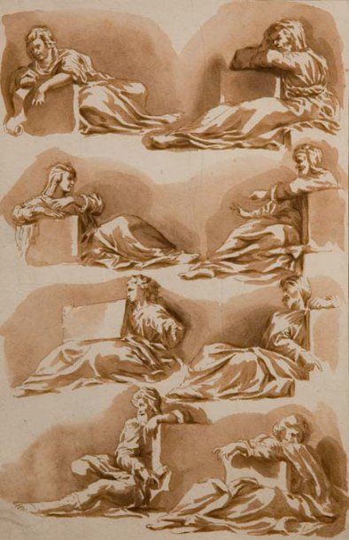 Jan de BISSCHOP (Amsterdam 1628 - La Haye 1671) Etude de figures antiques Lavis brun...