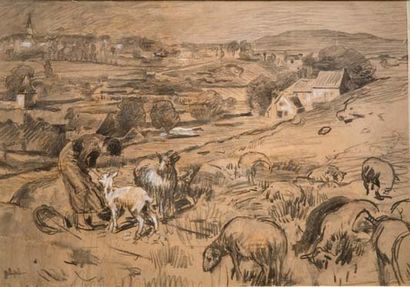 Charles Emile JACQUE (Paris 1813 - 1894) Jeune berger gardant son troupeau Fusain...