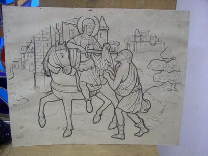 null Carton de vitrail, encre de chine illustrant un épisode de la vie de saint Martin....