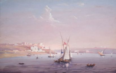 ECOLE FRANCAISE DU XIXème siècle Felouque au bord du Nil Gouache. 34 x 51 cm