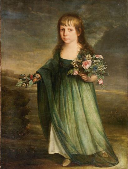 Ecole ANGLAISE de la fin du XVIIIème siècle Portrait de jeune fille à la robe verte...