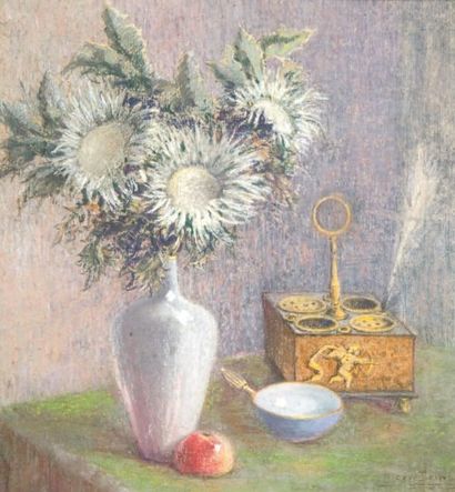Pierre PRINS (1838-1913) Vase de chardons et encrier pastel, signé en bas à droite....