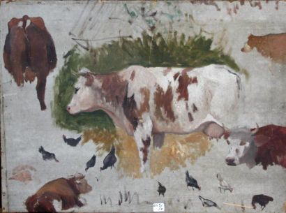 Georges Le MEILLEUR (1861-1945) Etude de vaches Huile sur toile signé au dos 42,5x57...