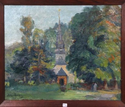 Georges Le MEILLEUR (1861-1945) L?église de Fontelaye Huile sur toile Signé et daté...